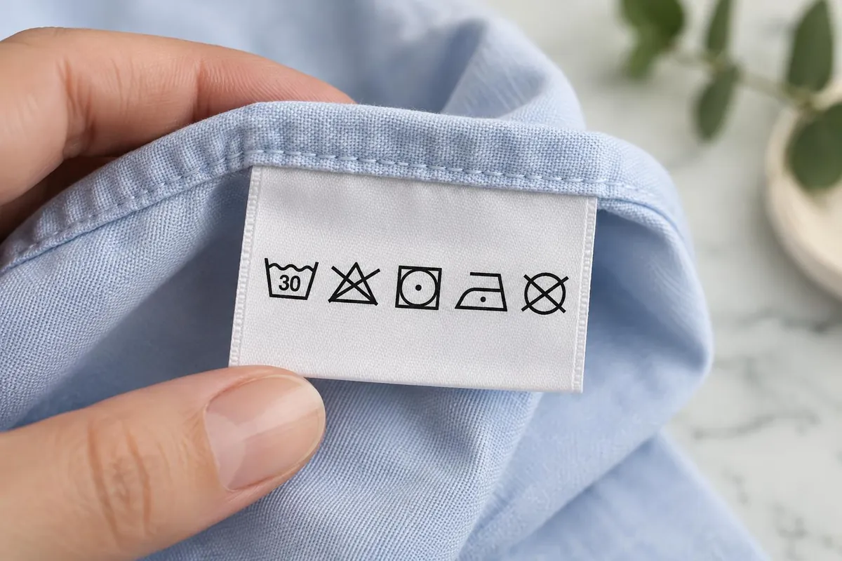 AI illustration of washing, bleach, drying and ironing symbols on a clothing care label