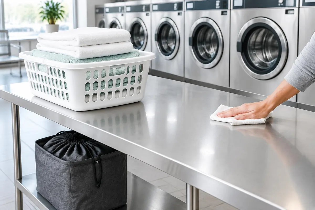 AI illustration of a clean laundry basket and a folding table being wiped