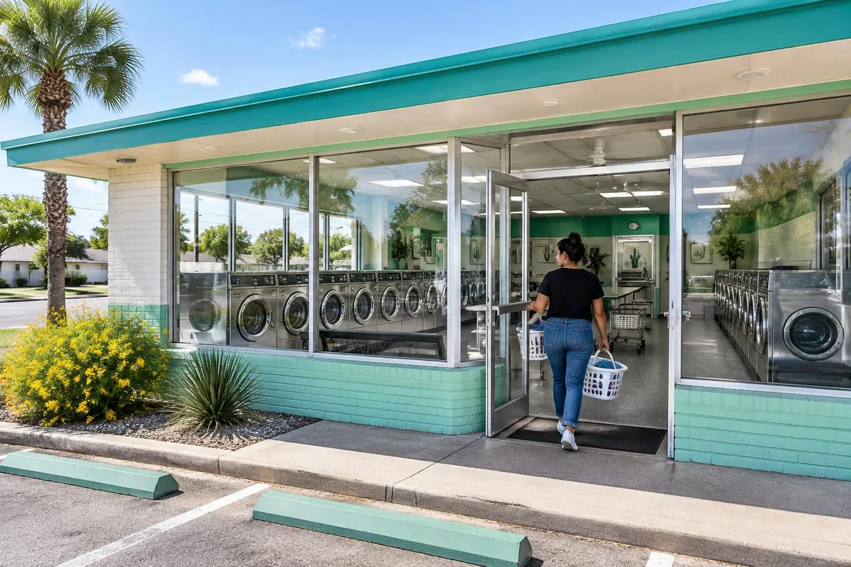 AI illustration of a customer arriving at a clean neighborhood coin operated laundromat