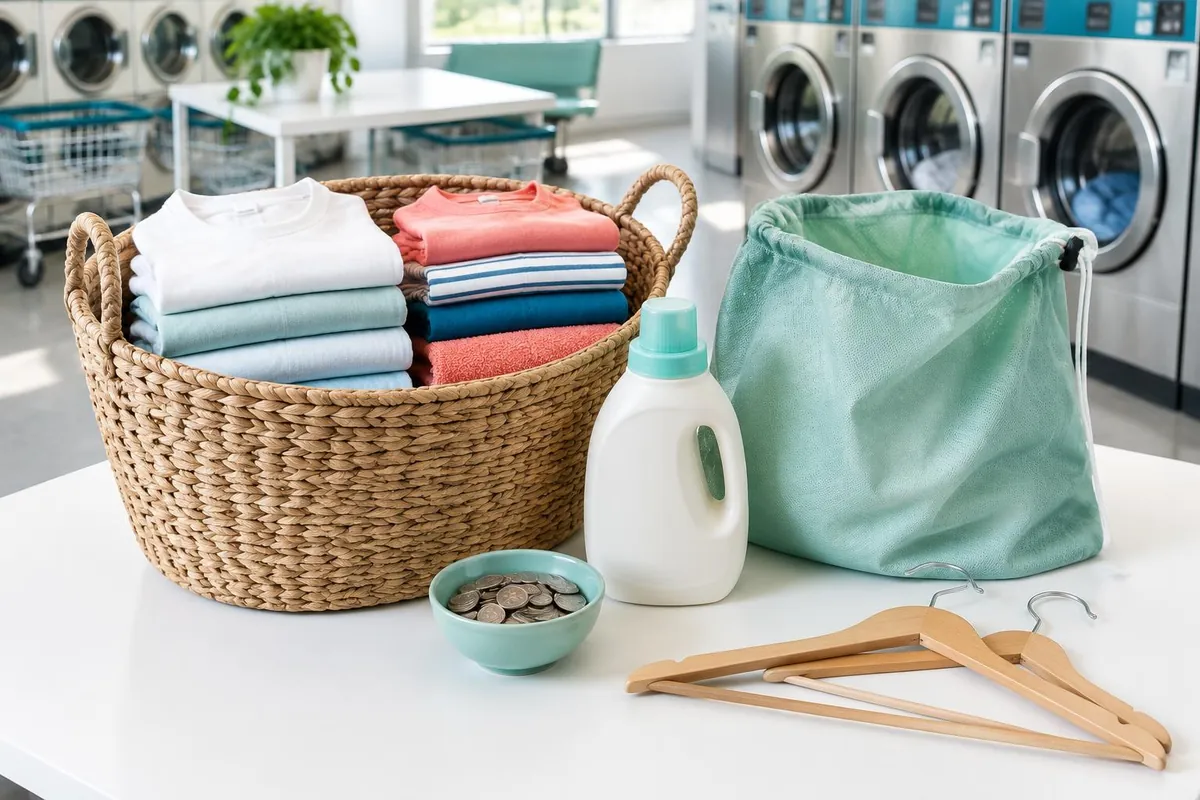 AI illustration of a first visit laundry kit with detergent, quarters, hangers and a clean bag