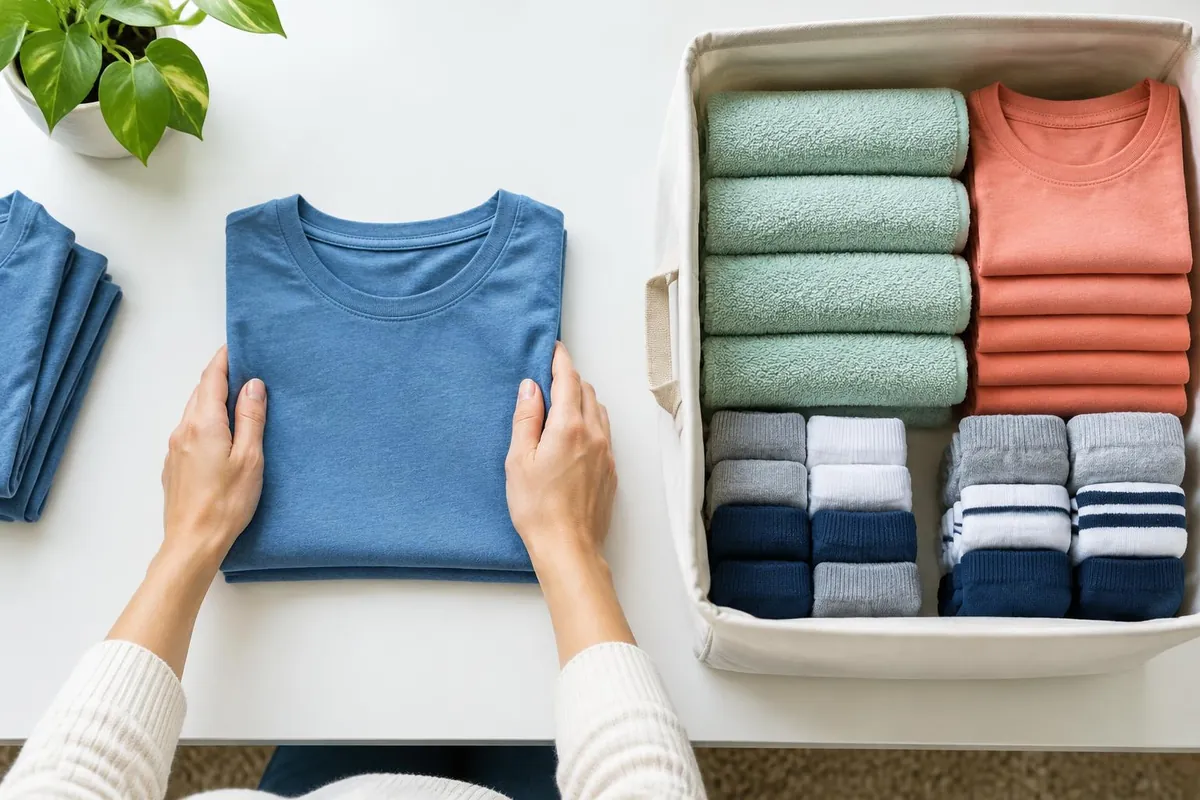 AI illustration of a shirt being folded beside a tote organized with clean clothes and paired socks