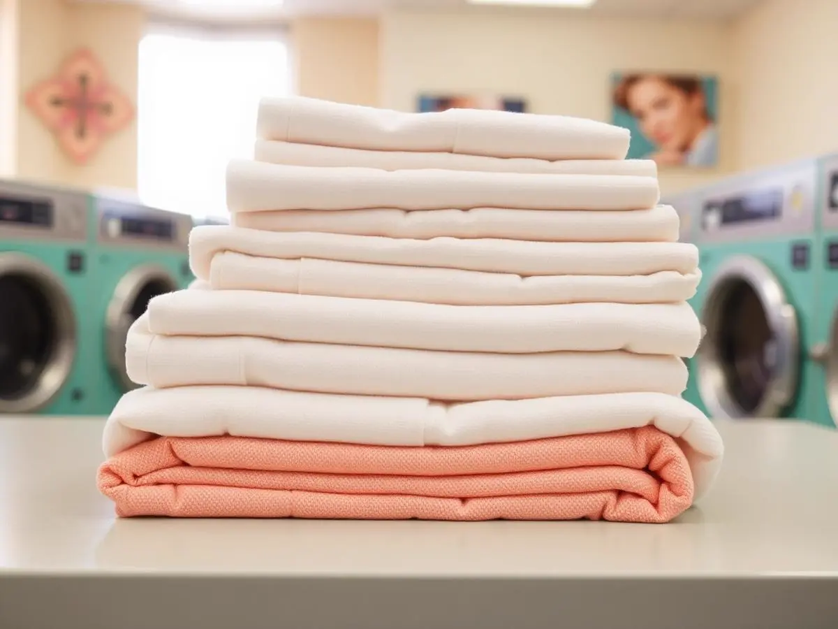 Neatly folded clean laundry stacked after a wash and dry cycle at Retro Laundry Co.