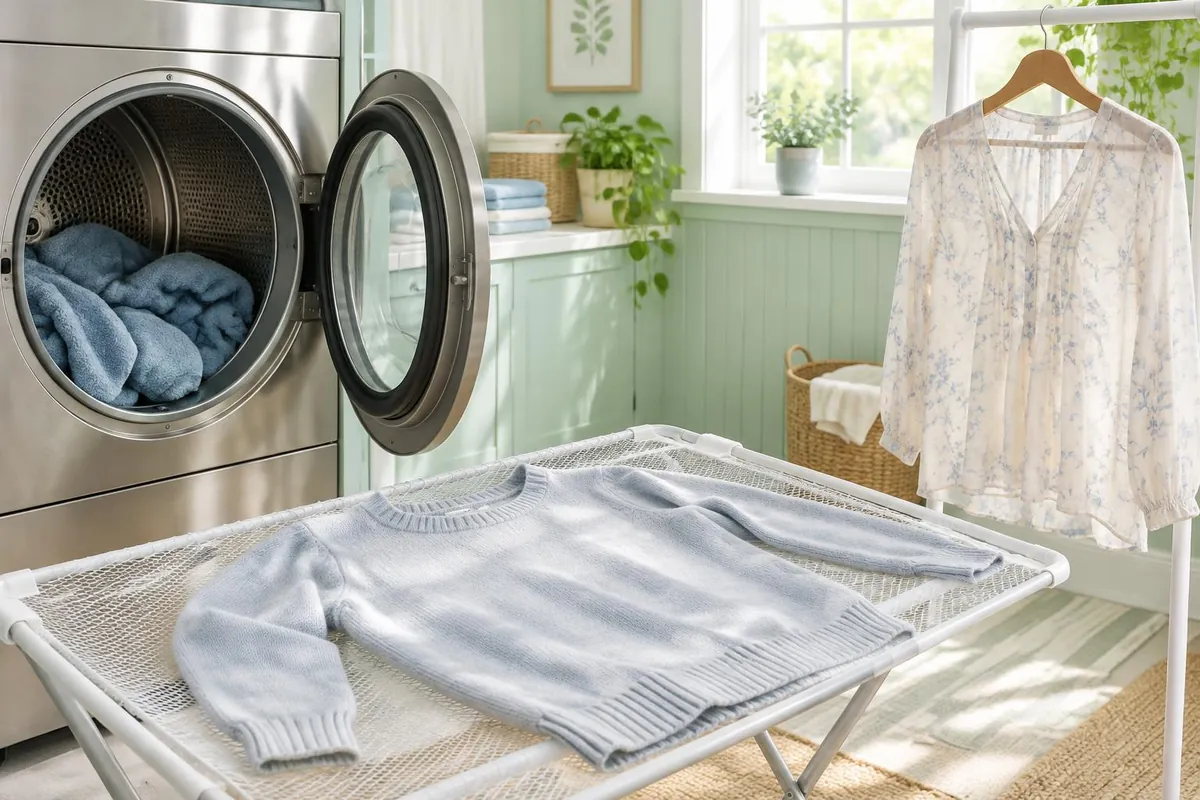 AI illustration of towels in a dryer with a sweater drying flat and a blouse on a hanger