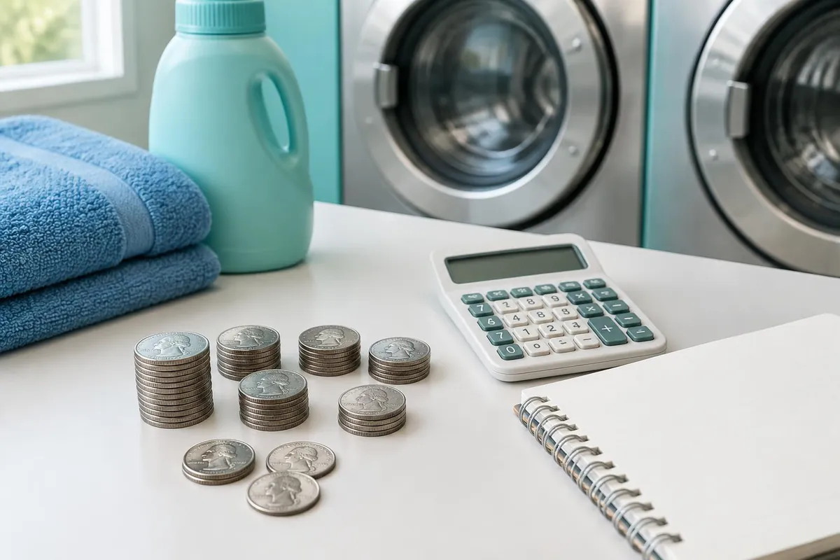 AI illustration of quarters, a calculator and a notebook for planning laundry costs