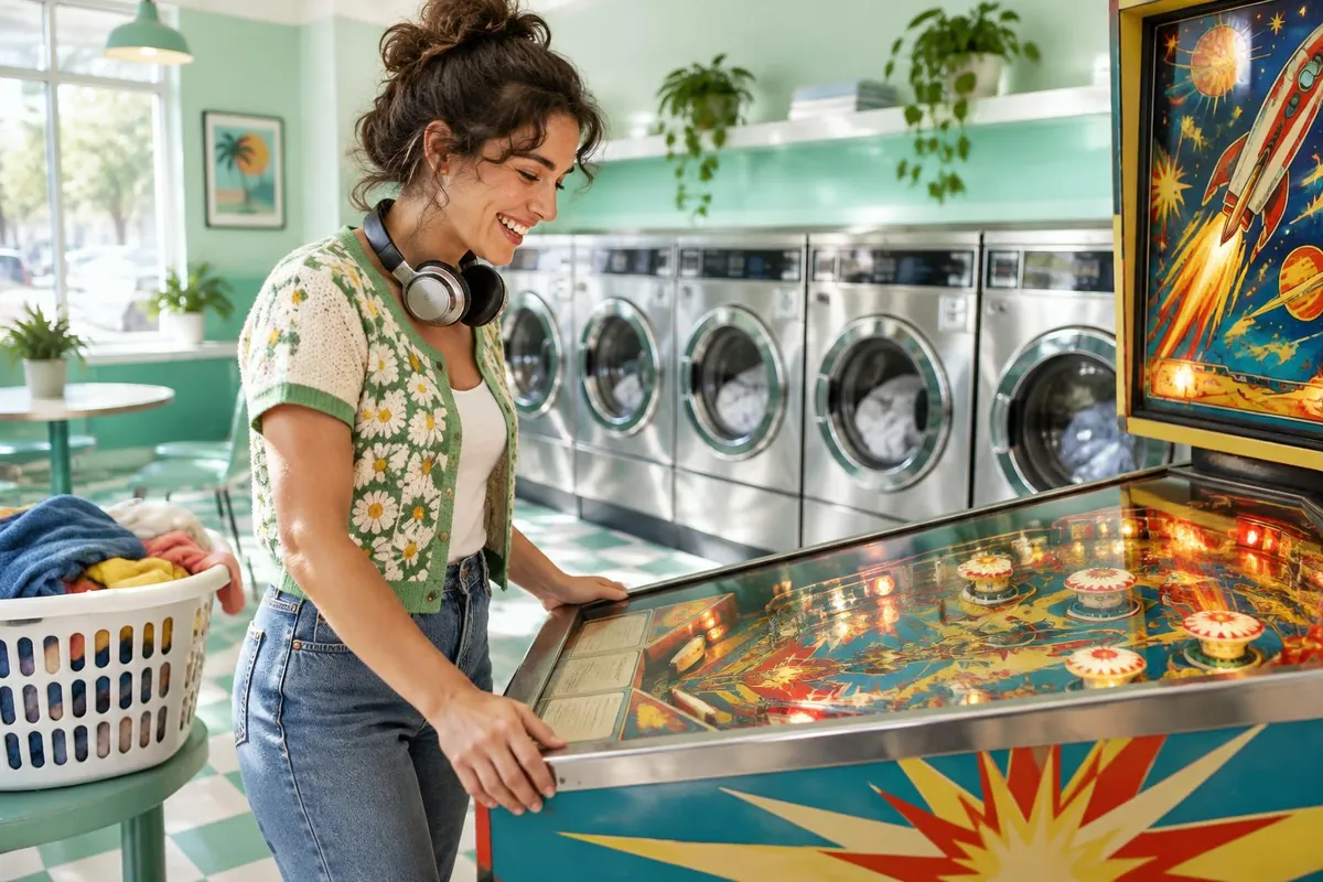 AI illustration of a customer enjoying retro pinball during a laundry day break