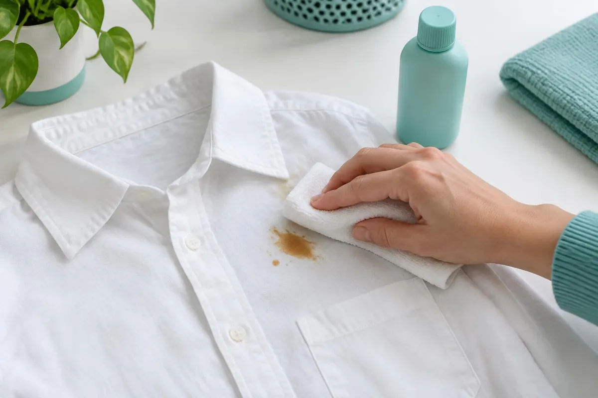 AI illustration of a coffee stain being gently blotted on a white cotton shirt