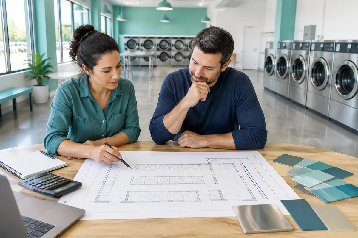 AI illustration of business owners reviewing a laundromat floor plan and equipment