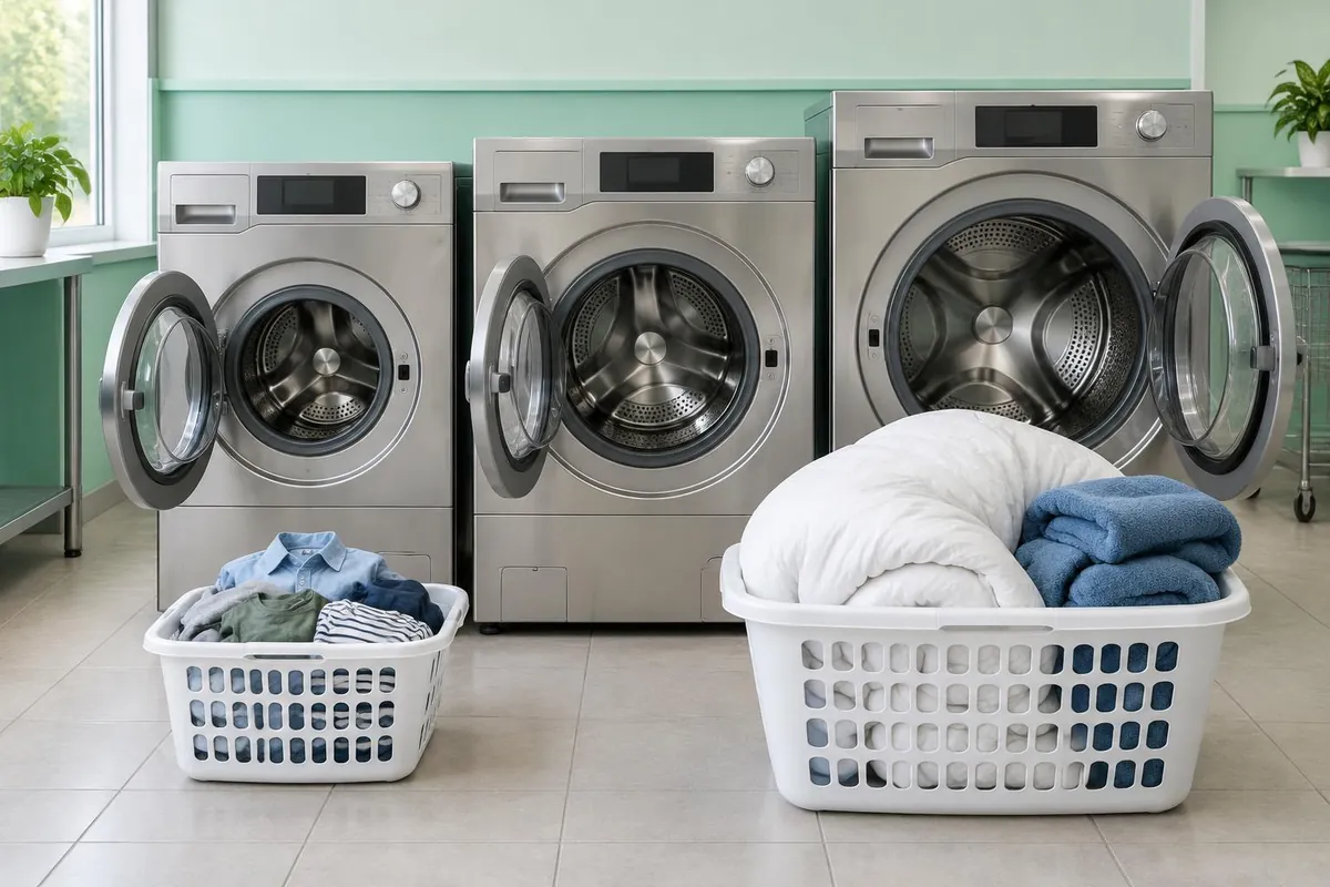 AI illustration comparing washer sizes for everyday clothes and bulky bedding